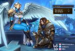  1boy 1girl angel_wings armor black_sleeves blizzard_entertainment blue_skin breasts brown_hair colored_skin commentary covered_eyes english_commentary foot_wraps gold_armor gold_trim hand_wraps hellbibiarts kneeling large_breasts thick_thighs thighs warcraft white_skin wide_hips wings world_of_warcraft 