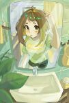  1girl ahoge bathroom black_shorts boku_no_hero_academia brown_eyes brown_hair character_name commentary_request highres korean_commentary light_blush medium_hair paint1092 plant potted_plant print_shirt shirt shorts sink solo t-shirt tile_wall tiles toothbrush toothbrush_in_mouth upper_body uraraka_ochaco 