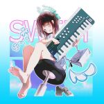  1girl absurdres airi_(band)_(blue_archive) airi_(blue_archive) aqua_bow aqua_eyes aqua_halo bag barefoot blue_archive blush bow brown_hair commentary hair_bow half_updo halo highres holding holding_bag holding_instrument instrument keyboard_(instrument) long_hair looking_at_viewer moelava open_mouth shirt skirt soles solo symbol-only_commentary white_bag white_shirt white_skirt 