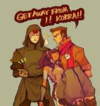  1girl 2boys amon anger_vein avatar_(series) brown_hair carrying dark_skin directional_arrow hair_tubes highres korra mako_(avatar) mrd-0203 multiple_boys ponytail princess_carry saliva sleeping the_legend_of_korra topknot vambraces 