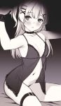  1girl belt blush bottomless breasts character_request choker cleavage collarbone commentary copyright_request deras english_commentary gradient_background hair_ornament hair_ribbon hairclip highres long_hair looking_at_viewer monochrome navel parted_lips ribbon sitting small_breasts solo thigh_belt thigh_strap underwear underwear_only x_hair_ornament 