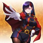  1girl anti-demon_corps_uniform belt black_hair black_pantyhose blunt_bangs breasts brown_belt cape commentary_request dtcy gloves hair_ribbon highres large_breasts long_hair long_sleeves looking_at_viewer mato_seihei_no_slave military_uniform pantyhose purple_eyes red_cape ribbon smile solo white_gloves yamashiro_ren 