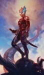  1boy absurdres alien armor asymmetrical_horns blue_horns blue_skin blue_sky cloud cloudy_sky color_timer colored_skin commentary compound_eyes dorsal_fin extra_eyes full_body giant giant_male glowing glowing_eyes glowing_horns highres holding holding_sword holding_weapon horns kaiju katou_yuu looking_at_viewer male_focus monster multicolored_skin muscular muscular_male no_pupils orange_eyes outdoors pectorals red_skin shoulder_armor silver_skin sky solo_focus standing sunset sword tail tilsonite_sword tokusatsu ultra_series ultraman_blazar ultraman_blazar_(series) varallon weapon white_eyes 