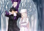  2girls bare_tree black_eyes black_hair boots breath carrying coat emiya_kiritsugu facial_hair family fate/zero fate_(series) father_and_daughter hat illyasviel_von_einzbern irisviel_von_einzbern kotera_ryou long_hair mother_and_daughter multiple_girls one_eye_closed purple_footwear purple_hat red_eyes shoulder_carry stubble tantrum tree white_hair winter_clothes 