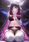  1girl ai-generated black_bra bra columbina_(genshin_impact) finger_to_mouth garter_belt garter_straps genshin_impact gloves highres lingerie long_hair shushing thighhighs timmytommy underwear white_gloves white_thighhighs 