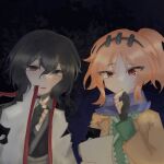  2others adapted_costume androgynous armband black_armband black_background black_choker black_eyes black_gloves black_hair black_kimono chinese_commentary choker closed_mouth coat coat_on_shoulders collared_coat collared_jacket collared_shirt commentary_request compass_(xinjinjumin6687443) dot_nose dress expressionless eye_of_senri eye_print eyes_visible_through_hair fingerless_gloves frown gloves green_kimono hair_between_eyes hand_on_own_chin high_collar holding holding_scroll jacket japanese_clothes kimono lace-trimmed_jacket lapels layered_dress len'en light_blue_yoshi long_hair_between_eyes long_sleeves looking_at_viewer medium_hair multiple_others notched_lapels open_clothes open_coat open_jacket open_mouth orange_eyes orange_hair other_focus print_armband scroll senri_tsurubami shirt shirt_under_kimono short_side_ponytail simple_background thinking torn_clothes torn_sleeves tsurime upper_body wavy_hair white_coat white_shirt zuifeng_tenkai 