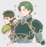  3boys armor boyd_(fire_emblem) brothers closed_eyes closed_mouth commentary_request cropped_torso fire_emblem fire_emblem:_path_of_radiance green_armor green_eyes green_hair highres male_focus multiple_boys oscar_(fire_emblem) rolf_(fire_emblem) short_hair siblings simple_background umi_(oneinchswing) 