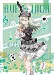  1girl alternate_costume animal_ears ave_mujica_(bang_dream!) bang_dream! beamed_eighth_notes beret braid card chinese_commentary closed_mouth commentary_request eighth_note english_text fake_animal_ears feet_out_of_frame frills green_hair grey_skirt hat highres holding kneehighs long_hair long_sleeves looking_at_viewer migolu musical_note newsboy_cap nuoweisenlin_tongren_gongzuoshi playing_card rabbit_ears shirt skirt socks solo spade_(shape) wakaba_mutsumi white_socks yellow_eyes 