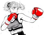  1girl abs boxing boxing_gloves boxing_shorts breasts commentary fighting_stance gloves greyscale hair_tie hatching_(texture) high-waist_shorts highres lee_(dragon_garou) midriff monochrome original parted_lips red_gloves shorts small_breasts solo sports_bra spot_color sweat twintails upper_body 