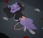 4_fingers absurd_res aggretsuko alternative_fashion anthro beverage_can bottomless bottomless_anthro bottomless_female clothed clothing convenient_censorship creepy e254e eyeshadow female fingers footwear goth hi_res hoodie horror_(theme) makeup mammal mephitid pillow sanrio shikabane_(aggretsuko) skunk sleeping socks topwear trash