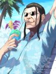  1boy 5tatsu arm_behind_head artist_name black_hair blue_shirt commentary_request cup drinking drinking_straw drinking_straw_in_mouth final_fantasy final_fantasy_vii final_fantasy_vii_rebirth final_fantasy_vii_remake flower_in_drink food fruit hawaiian_shirt highres holding holding_cup lemon lemon_slice male_focus mature_male outdoors palm_tree print_shirt professor_hojo round_eyewear shirt short_sleeves sidelocks smile solo sunglasses tree tropical_drink upper_body 