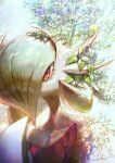  1girl absurdres bush collarbone colored_skin commentary english_commentary eyelashes gardevoir green_hair hair_over_one_eye hand_up highres kimura_(kimuraconcept) leech_seed_(pokemon) mega_gardevoir mega_pokemon one_eye_covered parted_lips plant plant_growth pokemon pokemon_(creature) pokemon_move red_eyes short_hair solo upper_body white_skin 
