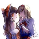  2girls aihara-rina alice_margatroid blonde_hair blue_dress bow brown_hair capelet chinese_commentary closed_mouth commentary_request detached_sleeves dress eye_contact frilled_bow frilled_hair_tubes frilled_hairband frills hair_bow hair_tubes hairband hakurei_reimu highres holding_another's_hair lolita_hairband long_hair looking_at_another multiple_girls red_bow red_hairband ribbon-trimmed_sleeves ribbon_trim simple_background smile touhou upper_body white_background white_capelet yuri 