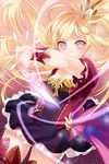  bangs banned_artist blonde_hair blue_eyes blunt_bangs boots detached_sleeves expressionless frilled_skirt frills glowing long_hair lowres multicolored multicolored_eyes open_mouth outstretched_arm outstretched_hand pink_eyes pleated_skirt reum skirt solo sword_girls 
