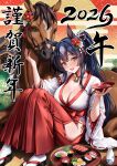  1girl 2026 :d absurdres animal animal_ears arm_up bell black_hair black_sandals blush bowl breasts brown_eyes chinese_zodiac cleavage collarbone commentary_request cup egasumi flower food grey_hair hair_flower hair_ornament hakama hakama_skirt hand_up highres holding horse horse_ears japanese_clothes kimono knees_up large_breasts long_hair long_sleeves looking_at_viewer miko multicolored_hair neck_bell original ponytail red_flower red_hakama ribbon-trimmed_sleeves ribbon_trim sakazuki sandals sawwei005 sitting skirt smile socks solo sushi tabi tokkuri translation_request tray two-tone_hair very_long_hair white_flower white_kimono white_socks wide_sleeves year_of_the_horse zouri 