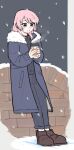  1girl baiyupiao bang_dream! bang_dream!_it's_mygo!!!!! black_shirt blue_coat blue_pants brown_shoes chihaya_anon coat cup grey_eyes highres holding holding_cup leaning long_hair open_mouth pants pink_hair shirt shoes snow solo 