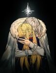  1boy 1girl ahoge artoria_caster_(fate) artoria_caster_(second_ascension)_(fate) artoria_pendragon_(fate) black_background blonde_hair cape commentary_request diamond_hairband fate/grand_order fate_(series) fur-trimmed_cape fur_trim grey_hair hug long_hair long_sleeves medium_hair oberon_(fate) oberon_(second_ascension)_(fate) shirt twintails upper_body yuqi28085232 