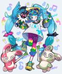  1girl :q @_@ absurdres alternate_color aqua_hair beamed_eighth_notes bird blue_eyes chatot closed_eyes commentary earrings eighth_note eyewear_on_head fingerless_gloves fuinagi_(huyuu_mm) gloves hatsune_miku highres jewelry long_hair looking_at_viewer multicolored_pants musical_note normal_miku_(project_voltage) one_eye_closed pants pokemon pokemon_(creature) project_voltage shiny_and_normal shiny_pokemon shirt shoes smile sneakers spinda spiral-only_eyes spring_onion standing standing_on_one_leg sunglasses tongue tongue_out twintails very_long_hair vocaloid white_shirt 