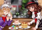  :d artist_name asymmetrical_hair black_hat black_skirt blonde_hair bow bowtie brown_eyes brown_hair bush buttons cake closed_eyes collared_dress collared_shirt commentary cup dating dessert diagonal-striped_clothes diagonal-striped_necktie dress elbow_rest food food_request fork hair_bow hand_rest hands_on_table hat highres holding holding_cup indoors juliet_sleeves long_sleeves looking_at_object maribel_hearn medium_hair mob_cap necktie pancake pavement plate puffy_long_sleeves puffy_sleeves purple_dress red_bow red_bowtie red_necktie sash shirt shirt_tucked_in sitting skirt sleeve_garter smile snowflakes standing striped_clothes table touhou tree usami_renko white_hat white_sash white_shirt window winner7xp winter yuri 