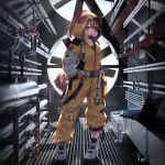  1girl 3d_background absurdres animal_ears backlighting belt black_sports_bra blowing_bubble_gum brown_eyes brown_hair brown_tail catwalk_(walkway) character_pin chewing_gum commentary_request computer dog_ears dog_girl dog_tail double-parted_bangs ears_through_hood full_body futo-inu hair_between_eyes hair_through_hood hands_in_pockets high_ponytail high_tops highres hololive hood hood_up hooded_jumpsuit hoso-inu industrial_pipe inugami_korone inugami_korone_(yb-2_overalls) jumpsuit laptop listener_(inugami_korone) looking_at_viewer medium_hair messy_hair official_alternate_costume official_alternate_hairstyle overexposure ponytail shoes sneakers solo sports_bra tail tail_through_clothes traveler_(artbbt) valve virtual_youtuber white_belt white_shoes yellow_jumpsuit 