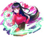  1girl black_hair blunt_bangs breasts commentary_request eyelashes glint gloves long_hair long_sleeves namekuj1hey poke_ball poke_ball_(basic) pokemon pokemon_frlg red_eyes sabrina_(pokemon) smile solo turtleneck white_gloves 
