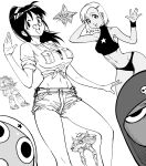  absurdres angol_mois axis_(gundam) bb_(baalbuddy) big_zam commentary denim denim_shorts english_commentary giroro greyscale gundam high_ponytail highres hinata_aki keroro keroro_gunsou long_hair looking_at_viewer mecha medium_hair mobile_suit_gundam monochrome navel ponytail robot round_eyewear shorts white_background zaku_ii 