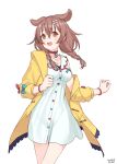  1girl absurdres animal_collar animal_ears artist_name belt_collar bone_hair_ornament braid braided_twintails breasts brown_eyes brown_hair buttons collar commentary_request dated dog_ears double-parted_bangs dress empire_waist extra_ears feet_out_of_frame girly_running hair_between_eyes hair_ornament hairclip highres hololive inugami_korone inugami_korone_(1st_costume) jacket long_hair low_twin_braids low_twintails medium_breasts off_shoulder open_clothes open_jacket open_mouth parallel_hairclips paw_pendant raised_eyebrows red_collar short_dress signature simple_background single_bare_shoulder single_off_shoulder sleeve_bow sleeveless sleeveless_dress solo traveler_(artbbt) twin_braids twintails virtual_youtuber white_background white_dress wristband yellow_jacket 