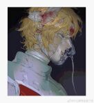  1boy bad_source bandaged_head bandages blonde_hair blood blood_on_bandages blood_on_face blue_eyes border from_side highres injury looking_ahead male_focus mask original portrait profile pulppunk001 short_hair solo spacesuit watermark weibo_username weibo_watermark white_border 