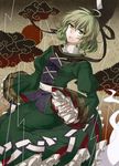  brown_background cloud dress fingernails frown ghost_tail green_dress green_eyes green_hair hat hat_ribbon high_collar leaning lightning looking_at_viewer ofuda open_hand puffy_sleeves ribbon sezanu short_hair skirt sleeves_past_wrists soga_no_tojiko solo sun tate_eboshi touhou vest wide_sleeves 