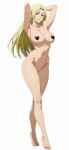  1girl armpits arms_up ass barefoot blonde_hair breasts brown_eyes covered_nipples feet hands_up heart_pasties highres huge_ass jujutsu_kaisen large_breasts legs navel no_bra no_panties nude pasties pussy solo tall_female thick_thighs thighhighs thighs toenails toes tsukumo_yuki_(jujutsu_kaisen) 