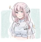  1girl bang_dream! bang_dream!_our_notes blush breasts closed_mouth crop_top flower grey_eyes hair_flower hair_ornament highres life_hater_art long_hair medium_breasts pink_hair shiomi_hotaru shirt solo sparkle white_shirt 