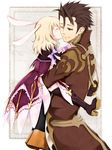  1girl alvin_(tales) animal_ears bad_id bad_pixiv_id blonde_hair boots brown_eyes brown_hair bunny_ears carrying coat cravat cropped_jacket dress elize_lutus frills height_difference kamihara_yuu kiss one_eye_closed purple_legwear short_hair smile tales_of_(series) tales_of_xillia thigh_boots thighhighs 