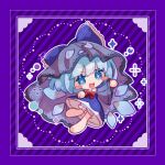  1girl :d barefoot bloomers blue_bow blue_dress blue_eyes blue_hair blush_stickers bow bowtie chibi chibi_only cirno commentary_request diagonal-striped_background dress frilled_bow frills full_body hair_bow ice ice_wings inukkomaru long_sleeves looking_at_viewer open_mouth outline purple_background red_bow red_bowtie short_hair smile solo sparkle striped_background touhou white_bloomers white_outline wide_sleeves wings 