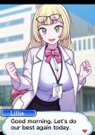  1girl :d aged_up black_skirt blonde_hair blurry blurry_background bow bowtie building character_name clenched_hands coat commentary_request commission day dialogue_box earrings english_text eyelashes eyewear_on_head glasses green_eyes hakusai_(user_nkkd7242) hands_up happy highres jewelry lanyard lillie_(pokemon) long_hair open_clothes open_coat open_mouth outdoors pokemon pokemon_sm shirt skeb_commission skirt smile solo white_coat 