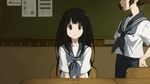  2girls animated animated_gif black_hair brown_hair chitanda_eru desk drunk head_out_of_frame hiccup hyouka ibara_mayaka long_hair multiple_girls purple_eyes school_uniform screencap serafuku short_hair 