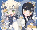  2girls :d animal_hood bird black_bow black_hair black_scarf blue_border blue_bow blunt_bangs blush_stickers border bow closed_mouth commentary eeppa food green_eyes grey_hair grid_background hat hat_bow highres hood hood_up hoodie long_hair long_sleeves looking_at_viewer multiple_girls open_mouth original outside_border penguin penguin_hood popsicle scarf shirt smile symbol-only_commentary twitter_username upper_body watermark white_background white_hoodie white_shirt yellow_eyes 