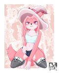 amoni_(artist) animal_humanoid anthro bent_legs better_version_at_source bottomwear bulge canid canine clothing crop_top daisy_dukes denim denim_bottomwear denim_clothing denim_shorts femboy footwear fox hair hat headgear headwear hotpants humanoid jeans male mammal pants pink_body pink_eyes pink_hair shirt shorts simple_background socks solo topwear unbuttoned_shorts witch_hat