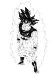  1boy absurdres aura battle_damage blood blood_on_face boots dragon_ball dragon_ball_super full_body greyscale highres looking_at_viewer male_focus medium_hair monochrome muscular muscular_male pants roub3d sash shirt simple_background solo son_goku spiked_hair standing torn_clothes torn_pants torn_shirt ultra_instinct_sign white_background wrist_cuffs 