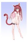  1girl :3 absurdres animal_ear_fluff animal_ears barefoot blue_background blue_eyes breasts brown_eyes brown_hair cat_ears cat_girl cat_tail clothes_tug colored_inner_hair commentary_request full_body gradient_background grey_shorts hair_ornament heterochromia highres long_hair long_sleeves looking_at_viewer multicolored_hair off_shoulder original pink_hair short_shorts shorts simple_background single_bare_shoulder small_breasts smile star-shaped_pupils star_(symbol) star_hair_ornament sweater sweater_tug symbol-shaped_pupils tail two-tone_hair white_background white_sweater ze_zhi_ai 