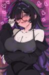  1girl adjusting_eyewear bare_shoulders black-framed_eyewear black_dress black_hair blush breasts cardigan cleavage collarbone commentary_request dress drooling full-face_blush glasses goddess_of_victory:_nikke hair_over_one_eye heart highres label_(nikke) large_breasts long_hair long_sleeves mole mole_on_breast mouth_drool multicolored_hair off_shoulder oi_tie open_mouth purple_hair solo streaked_hair sweat two-tone_hair very_long_hair 