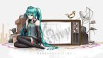  aqua_eyes aqua_hair arm_support bad_id bad_pixiv_id bird bug butterfly cat detached_sleeves hatsune_miku hinase_kanoto insect light_smile long_hair piano_keys satellite_dish solo television thighhighs treble_clef twintails very_long_hair vocaloid 