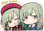  2girls bang_dream! bang_dream!_it's_mygo!!!!! beret blue_shirt blush commentary dual_persona english_commentary green_hair hair_ornament hairclip happy_birthday hat long_hair mortis_(bang_dream!) mortis_(costume)_(bang_dream!) mortis_(persona)_(bang_dream!) multiple_girls one_eye_closed red_hat school_uniform shirt star_(symbol) tsukinomori_school_uniform v wakaba_mutsumi yellow_eyes zhong_xiansheng 