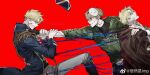  3boys bad_source bandages bandaid bandaid_on_face blonde_hair blood blood_on_face blue_eyes clenched_teeth clone coat dream_(youtuber) dual_persona epaulettes fighting green_hoodie hat highres hood hoodie injury male_focus mask mask_on_head military military_uniform minecraft_youtube multiple_boys multiple_persona pulppunk001 red_background short_hair teeth unworn_headwear watermark weibo_username weibo_watermark 