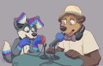 anthro artist_logo bear blue_eyes brown_body brown_fur canid canine clothed clothing duo electronics eyewear fur furniture glasses glistening glistening_eyes grey_background grey_body grey_fur hat headgear headwear holding_microphone holding_object logo male male_anthro mammal microphone nude object_in_mouth pandapaco rectangular_glasses signature simple_background table white_body white_fur