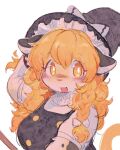  1girl animal_ears black_hat blonde_hair bow braid buttons double-breasted fang furrification furry furry_female hat hat_bow kirisame_marisa long_hair looking_at_viewer nessiemooo open_mouth side_braid simple_background solo touhou upper_body whiskers white_background yellow_eyes 