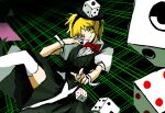  1other absurdres ace_(playing_card) ace_of_hearts ace_of_spades androgynous black_background black_hairband black_skirt black_vest blonde_hair bow bowtie buttons card closed_mouth coattails collar dice dice_hair_ornament dress_shirt eye_of_senri feet_out_of_frame grid_background hair_ornament hairband happy heart highres holding holding_card len'en looking_at_viewer miniskirt one_eye_covered other_focus otogisum3 playing_card pleated_skirt puffy_short_sleeves puffy_sleeves red_bow red_bowtie shirt short_hair short_sleeves skirt smile solo spade_(shape) tailcoat thighhighs throwing traditional_bowtie vest white_shirt white_thighhighs white_wrist_cuffs wrist_cuffs xeno_a yellow_eyes 
