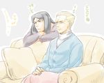  black_eyes black_hair blonde_hair blue_eyes couch fate/zero fate_(series) kayneth_el-melloi_archibald long_hair lord_el-melloi_ii male_focus maruo_(artist) multiple_boys old_man older pillow watching_television waver_velvet wrinkles 