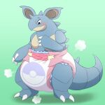 2_toes 3_fingers absurd_res ambiguous_gender anthro back_spikes blue_body blue_ears blue_horn blue_spikes blue_tail blush blush_lines breasts brown_inner_ear claws clean_diaper clothed clothing cloud_emanata diaper diaper_only diaper_puff emanata fang29 featureless_breasts feet finger_claws fingers full-length_portrait generation_1_pokemon green_background head_horn hi_res horn looking_down multicolored_body nidoqueen nintendo pokemon pokemon_(species) portrait simple_background solo spiked_tail spikes spikes_(anatomy) standing tail tan_body three-quarter_view toe_claws toes topless two_tone_body wearing_diaper
