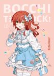  1girl :d absurdres alternate_costume blue_bow bocchi_the_rock! bow chinese_commentary commentary_request dress eighth_note frills green_eyes hair_bow hand_up highres kita_ikuyo long_hair long_sleeves looking_at_viewer migolu musical_note nuoweisenlin_tongren_gongzuoshi one_side_up open_mouth pink_background red_hair simple_background smile solo thighhighs waving white_thighhighs yellow_eyes 