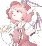  1girl :3 animal_ear_piercing animal_ears bird_ears blush closed_eyes collared_dress dress earrings fingernails hand_up hat head_wings highres hoop_earrings jewelry long_fingernails long_sleeves mystia_lorelei open_mouth pink_hair sanunu36 sharp_fingernails short_hair smile solo touhou twitter_username watermark wings 